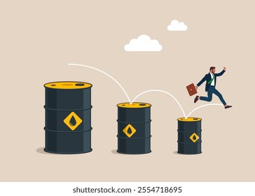 Loss of crude oil. Businessman jumping from big to the small barrel oil. Commodities price for trading and investment, Crude oil. Flat vector illustration.