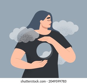 Loss, Depression, Psychological Trauma. Mental Health Awareness Concept. Lonely Sad Young Woman With An Empty Hole In Her Breast. Emotional Problems, Grief, Loneliness. Flat Vector Illustration