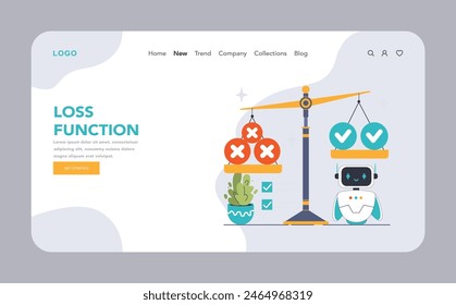 Loss Function in AI concept. Scale weighing errors and correct predictions, with observing robot signaling machine learning evaluation. Balancing accuracy. Flat vector illustration