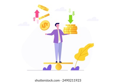 Loss and gain on investment. Earning profit or losing money from stock or crypto trades.  Businessman investor balancing on a seesaw, holding coins indicating both loss and gain.