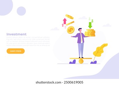 Loss and gain on investment. Earning profit or losing money from stock or crypto trades.  Businessman investor balancing on a seesaw, holding coins indicating both loss and gain.