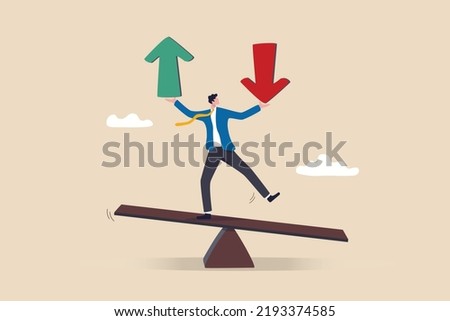 Loss and gain on investment, earning, profit or lose money from stock or crypto trade, financial green and red arrow chart concept, businessman investor balance on seesaw holding loss and gain arrow.