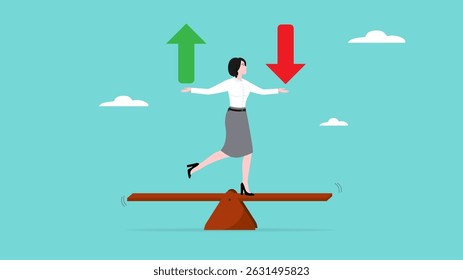 Loss and gain on investment, profits and losses in buying and selling shares or cryptocurrencies, woman investor balances loss and gain arrow on seesaw with bots hand concept vector illustration