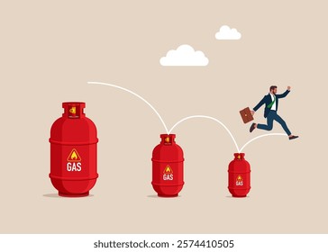 Loss of gas. Businessman jumping from big to the small gas cylinders. Commodities price for trading and investment. Flat vector illustration.