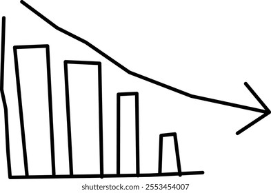 loss graph icon in Doodle style. Downward pointing arrow stock icon on white background. Icon of decline, bankruptcy, collapse of financial markets for your web site design, UI. Chart downtwards