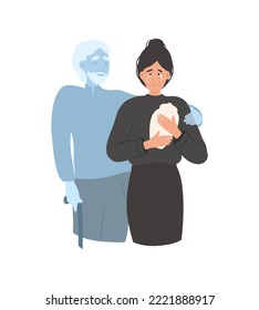 Loss, grief, pain, death concept. Woman mourning loss of loved father, grandfather. Person crying and holding ashes urn. 