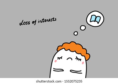 Loss of interests hand drawn vector illustration in cartoon comic style symptom of depression sad man lettering