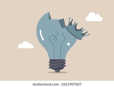 Perda de liderança. Lâmpada queimada com coroa extinta. Má ideia, nenhuma ideia vencedora para o desenvolvimento de negócios. Ilustração de vetor plano