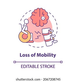 Loss of mobility concept icon. Person with disability in wheelchair. Neurological disorder. Physiotherapy abstract idea thin line illustration. Vector isolated outline color drawing. Editable stroke
