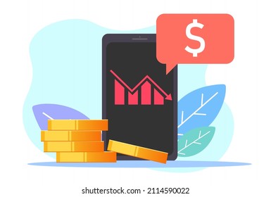 Loss money, Cost reduction,down red arrow stocks graph on phone. Image isolated on white background. Vector illustration