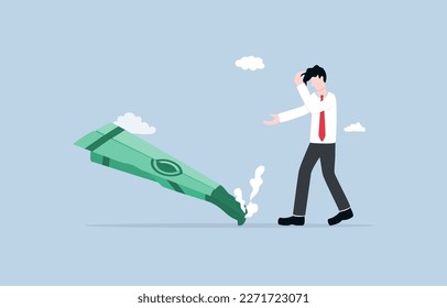 Loss of money due to market downturn, poor decision making, lack of diversification, or unforseen event, failed business concept, Sad businessman with paper plane of banknote accident.
