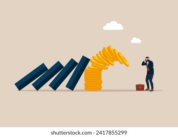 Loss of money. Financial situation is unstable. Domino effect affecting pile of coins. Flat vector illustration