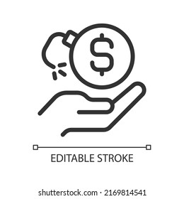 Loss of money pixel perfect linear icon. Financial risk. Bankruptcy case. Dealing with debt. Thin line illustration. Contour symbol. Vector outline drawing. Editable stroke. Arial font used