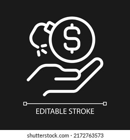 Loss of money pixel perfect white linear icon for dark theme. Financial risk. Bankruptcy case. Deal with debt. Thin line illustration. Isolated symbol for night mode. Editable stroke. Arial font used