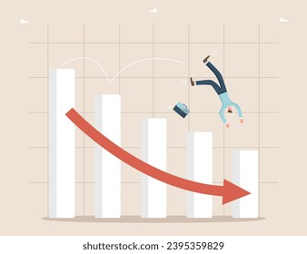 Loss of money, profit from investments and deposits, decrease in business value, financial or economic collapse, defeat or failure in foreign exchange market, a man falling from a falling graph.