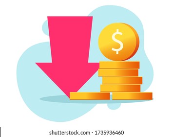 Loss money revenue vector and cost financial expenses or economic recession market fall cash flat, concept of stocks crisis, lack of budget, investment bad income icon with arrow down