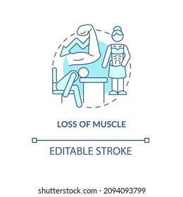 Loss Of Muscle Turquoise Concept Icon. Musculoskeletal Tissue Atrophy Abstract Idea Thin Line Illustration. Isolated Outline Drawing. Editable Stroke. Roboto-Medium, Myriad Pro-Bold Fonts Used