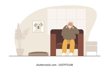Loss of pet. Sad man sitting in chair at home, experiences loss of his dog. Pet was lost or Died. Senior man with gray beard wearing casual clothes. Dog labrador photo. Flat vector illustration