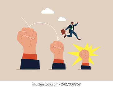 Loss of power. Businessman jumping from big to the small hand.  Flat vector illustration.