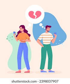 Loss of relationship concept. Man and woman with smartphones and broken heart. Family after divorce. Quarrel and conflict in couple. Loneliness and frustration. Cartoon flat vector illustration