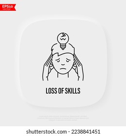 Loss of skills, Alzheimer disease, long covid, dementia thin line icon. Broken light bulb under man's head. Vector illustration.