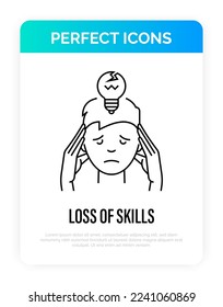 Loss of skills, Alzheimer disease, long covid, dementia thin line icon. Broken light bulb under man's head. Vector illustration.