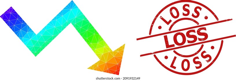 LOSS textured seal and low-poly spectrum colored recession arrow icon with gradient. Red stamp includes LOSS tag inside circle and lines shape.