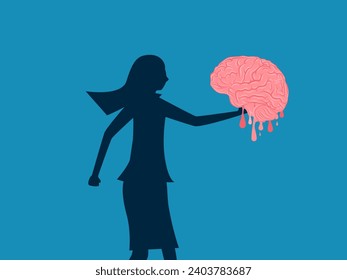 Loss of thought. Businesswoman holding a melted brain. vector 