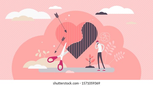 Loss vector illustration. Broken relationship in flat tiny persons concept. Symbolic pain, sadness and fractured heart sign as marriage emotional crisis and problems. Romantic love conflict feeling.