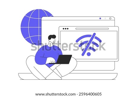 Loss of wireless connection, no Wi-Fi signal. Huge laptop, antenna internet towers, link error. Flat Cartoon Vector Illustration, icon. Stylish abstract design for website