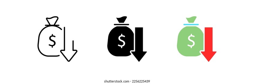 Losses icons set. Money, capital, increase, negative growth, invest, coins, business, arrow, chart, work, investment, shares, fund, trade, budget. finance concept. vector line icon in different styles