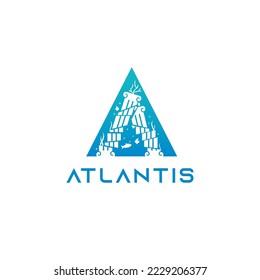 Antigua ciudad perdida de Atlantis con columna rota ilustración del logo del concepto submarino