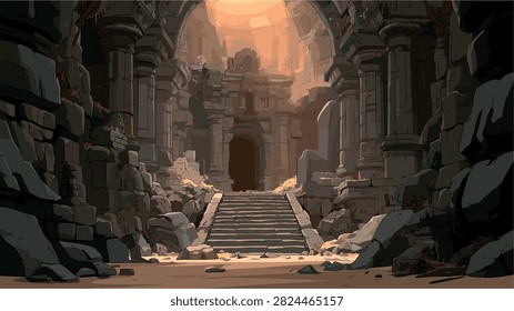 Lost Ancient Temple Ruins with Sunlight Entering Stone Archway
