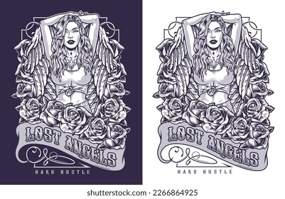 Lost angel girl flyer monochrome tattooed model with wings stands with hands behind head surrounded by flowers vector illustration
