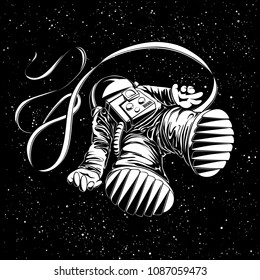 Lost astronaut illustration. Flying spaceman on black starry background.