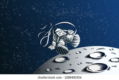 Lost astronaut wallpaper. Blown away spaceman with moon and starry background.