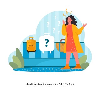 Lost baggage. Bad vacation experience. Unlucky tourist having problems during their trip. Unhappy character travel abroad. Flat vector illustration