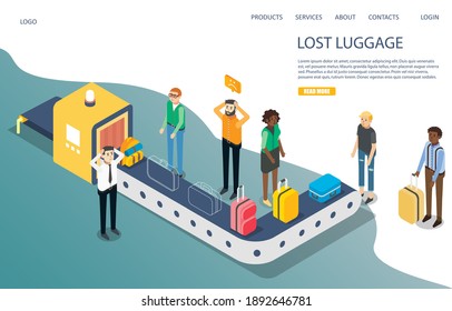 Lost baggage vector website template, landing page design for website and mobile site development. Isometric scared people travelers waiting for lost luggage. Baggage carousel, conveyor belt.