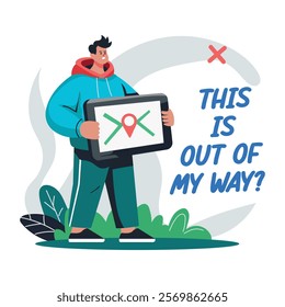 Lost boy holding a location device illustration in flat style 