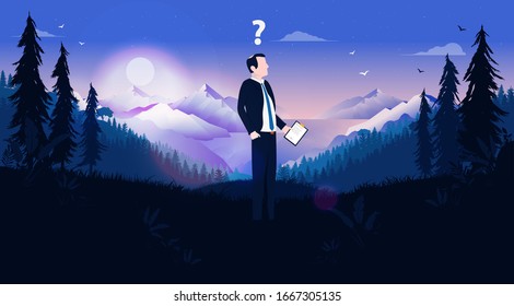 Lost businessman - Illustration of man getting lost in a forest at night. Metaphor for not knowing your work task. Feeling lost and uncertainty concept.