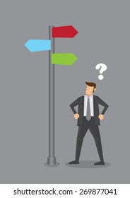 Lost businessman standing under direction sign with question mark above his head. Conceptual vector illustration isolated on grey background.