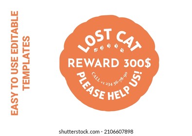 Lost Cat, Color Sticker Graphic Desgin Concept. Missing Animal Pet, Asking For Help Print Icon, Vector Illustration. Isolated On White Element With Sign, Badge To Find Kitten