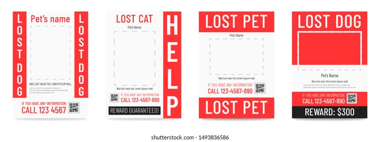 Lost cat pr dog poster, missing pet banner template.