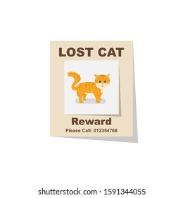 Lost cat. Reward for the find. Missing poster. Lost pet poster. Sheet with the announcement of disappearance of pet on bulletin board. Vector illustration flat design. Isolated on white background.