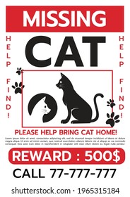 Lost cat. Reward for the find. Missing poster template. Lost pet poster. Sheet with the announcement of disappearance of pet on bulletin board. Vector illustration Isolated on white background.