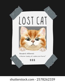 lost cat sign with funny cat face vector illustration on black background