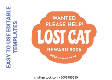 Lost Cat Sticker, Wanted Pet Isolated On White. Vector Illustration Emblem About Missing Animal, Graphic Design For Searching Cat. Editable Pattern With Sign, Text At Color Shape Tag