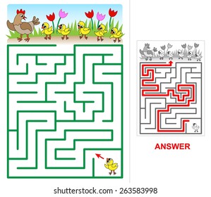 Lost chicken maze for kids. One small chick is lost. Help him to find his mom, brothers and sisters.