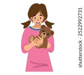 Lost child crying. Sad sobbing girl wiping tears with hand, holding teddy bear toy. Unhappy upset kid weeping, feeling grief, despair. Flat graphic vector illustration isolated on white background.