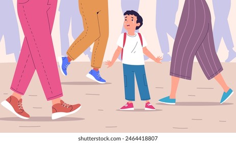 Lost child. Forgotten scared kid in city crowd strangers, serious cry baby missing outdoor indifferent people lonely adopt homeless children concept, classy vector illustration